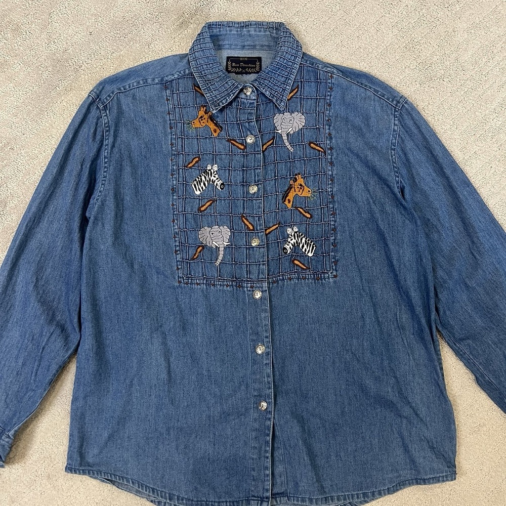 Vintage Womens Denim Top XL Safari Zoo Animals Sara Studio Long Sleeve Button Up